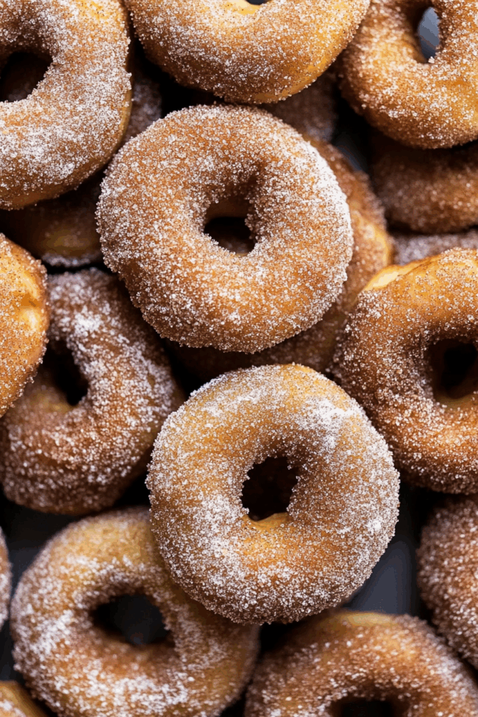 Close-up view of ring-shaped pastries with cinnamon-sugar topping