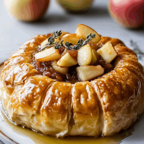 Party-ready baked dish displayed on parchment with apple garnish.