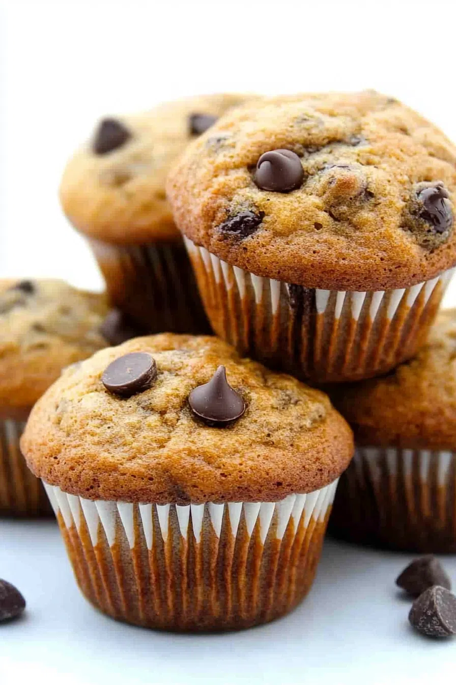 Freshly baked muffins with a golden brown top and chocolate chips.