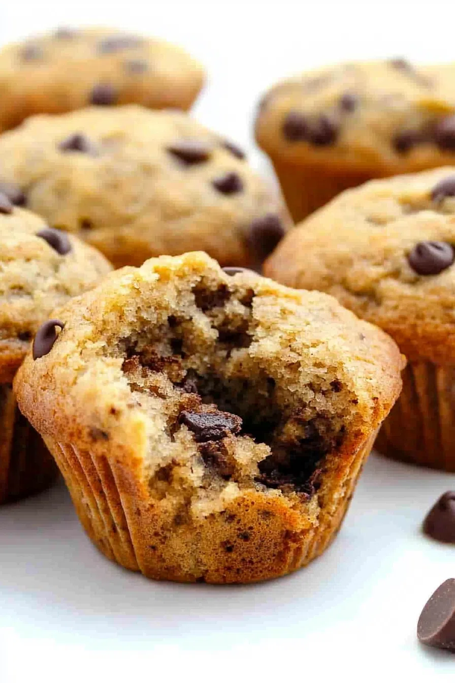 A single muffin sliced in half, highlighting its tender crumb and chocolate chips.