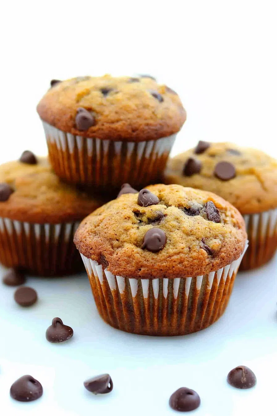 Stack of muffins showing their fluffy interior and melty chocolate.