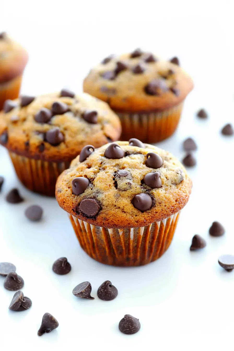 Golden-brown muffins with a moist, fluffy texture and visible chocolate chips.