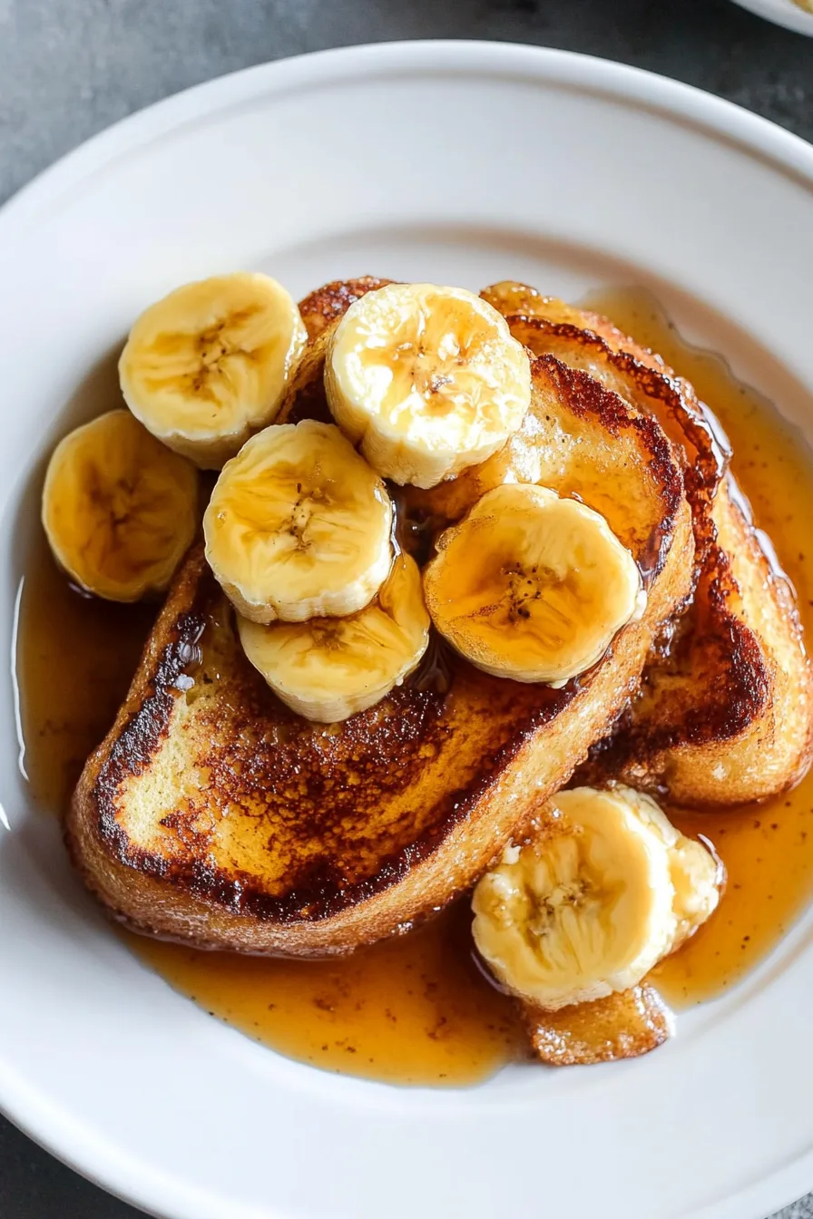 Golden toast served on a white plate with syrup and fruit garnish