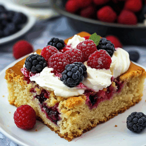 Overhead view of a rustic baked treat with fresh berries and a streusel finish