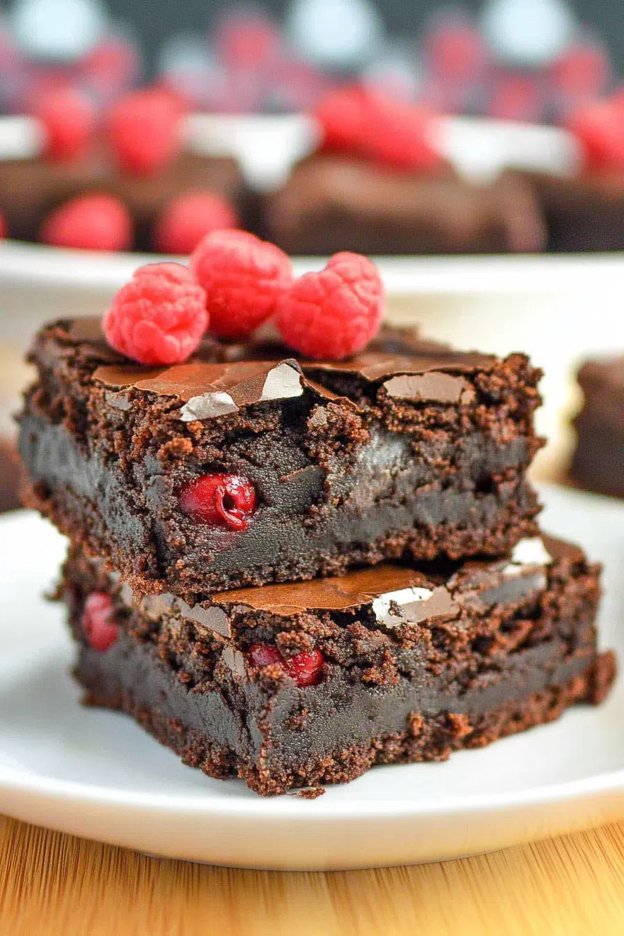 A close-up view of chocolate dessert bars topped with cherries.
