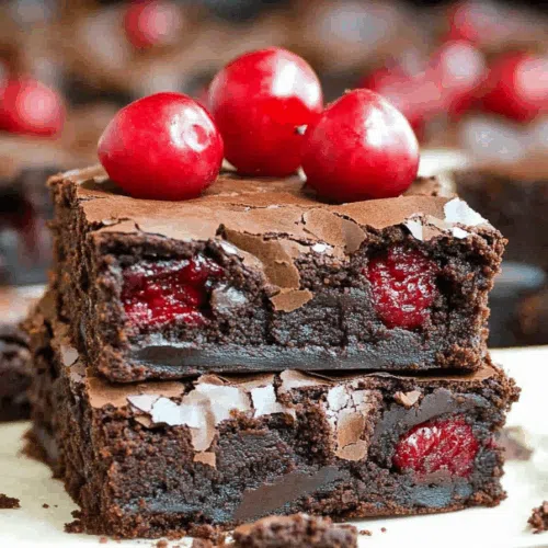Close-up of a fudgy bar dessert with a cherry filling peeking through.