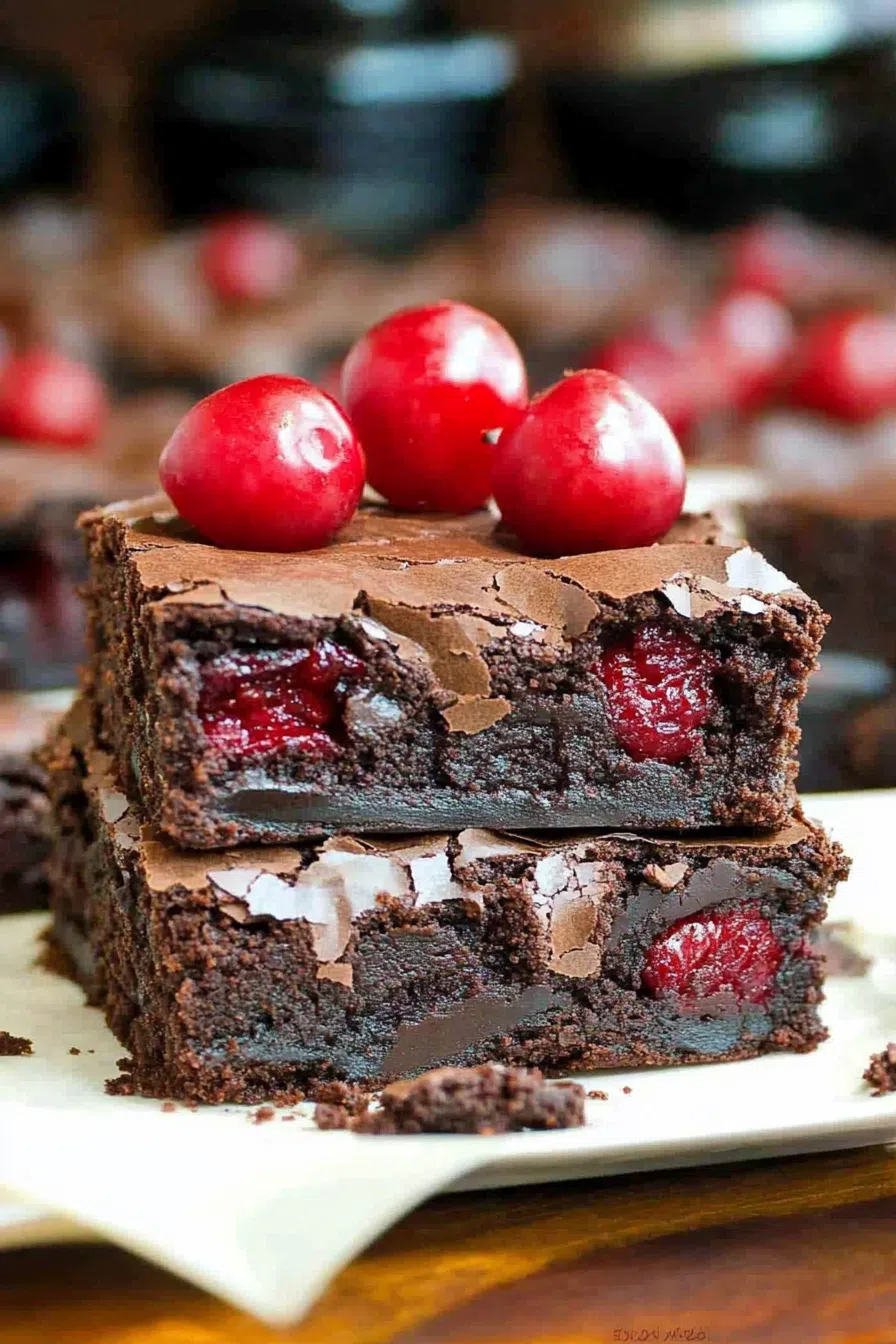 Close-up of a fudgy bar dessert with a cherry filling peeking through.