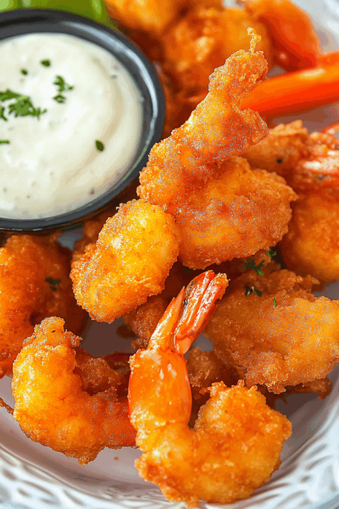 Golden-fried shrimp arranged on a platter with dipping sauce on the side.
