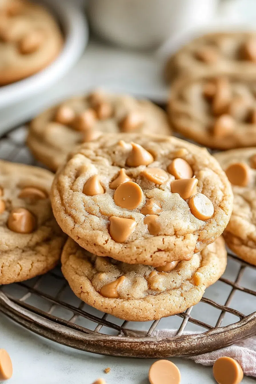Golden-brown cookies stacked on a rustic cooling rack