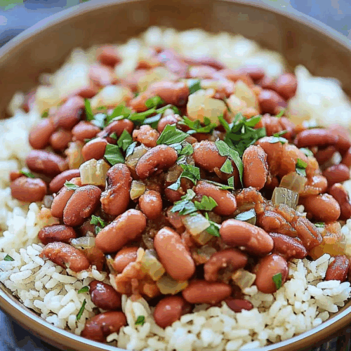 Plated serving of tender beans with rice on a wooden table setting.