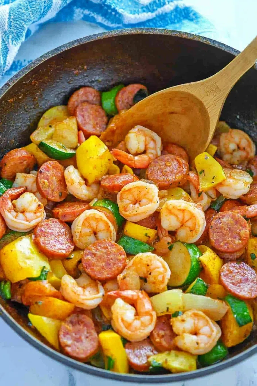 Colorful one-pan dish with seared proteins and sautéed vegetables