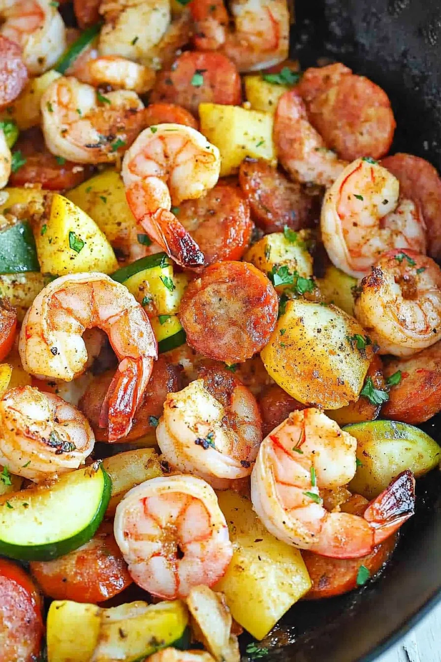 Rustic skillet filled with browned meats and vibrant peppers, ready to serve