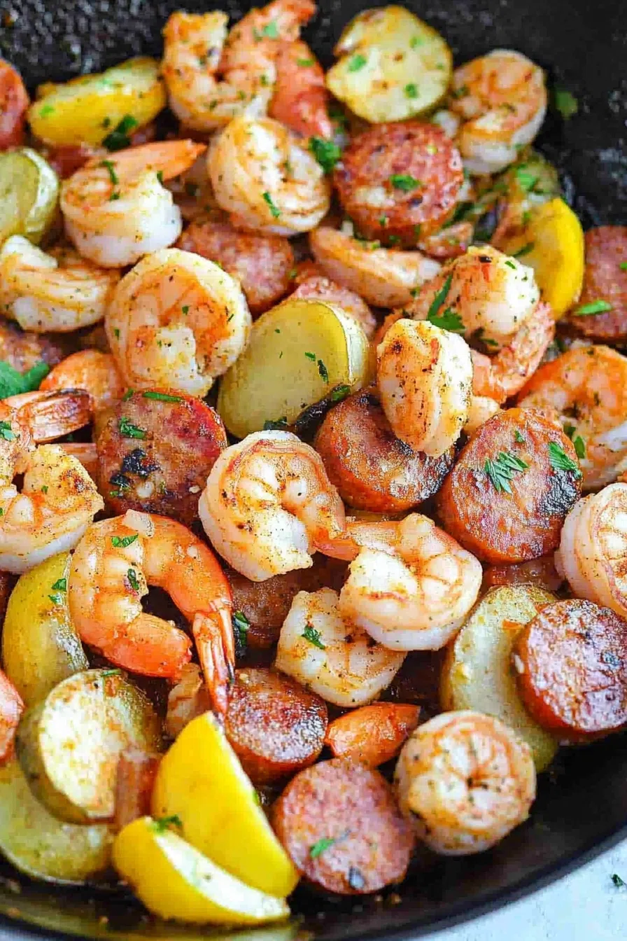 Sizzling hot pan dish featuring a medley of seasoned bites and herbs