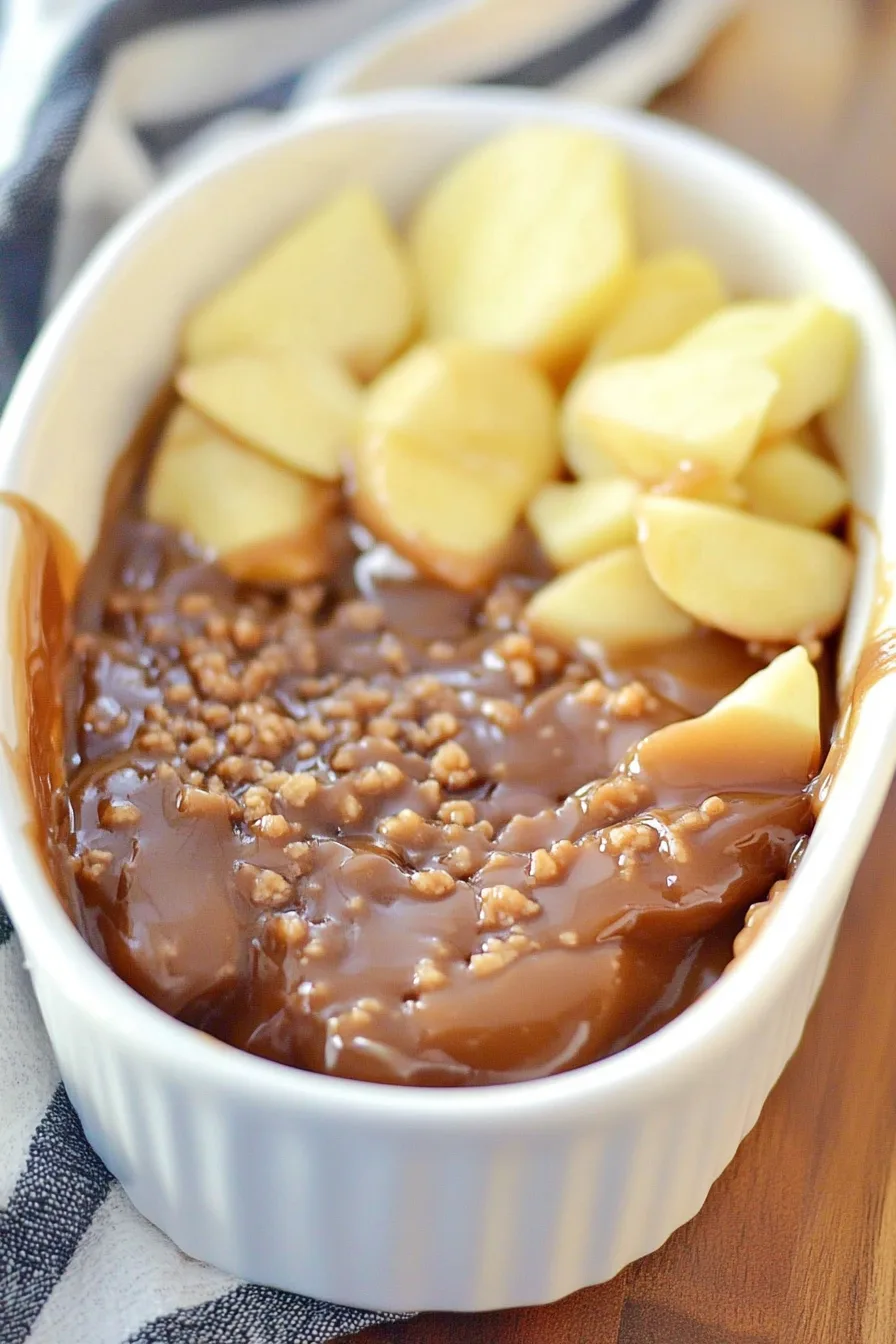 Overhead view of a party platter featuring fruit and a caramel swirl dip.