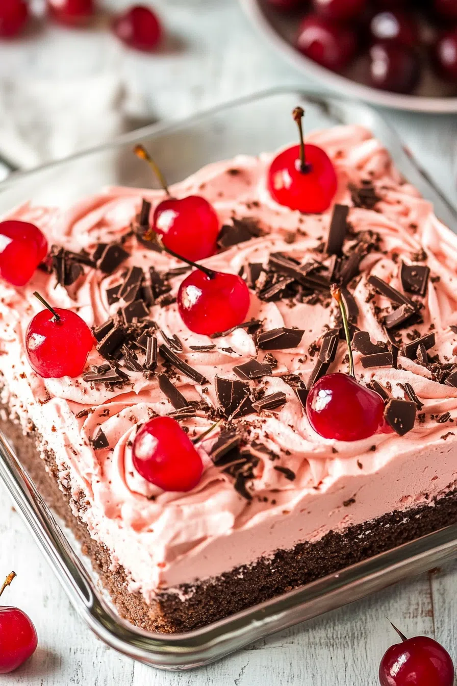 Whole dessert in a glass baking dish with a layer of whipped topping and cherries.