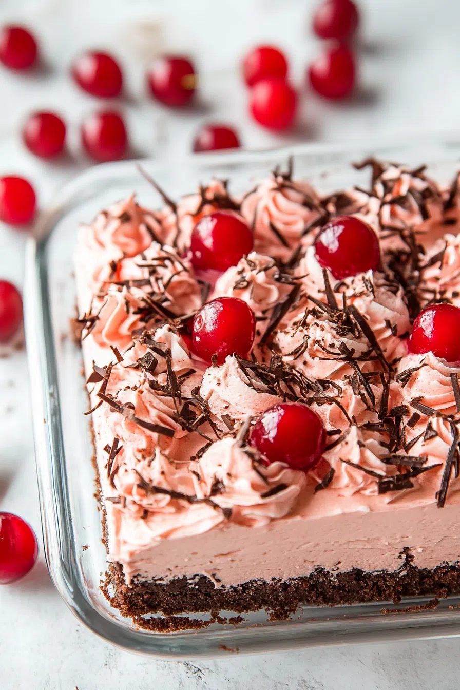Overhead shot of a frosted cake portion served with a dollop of cream.