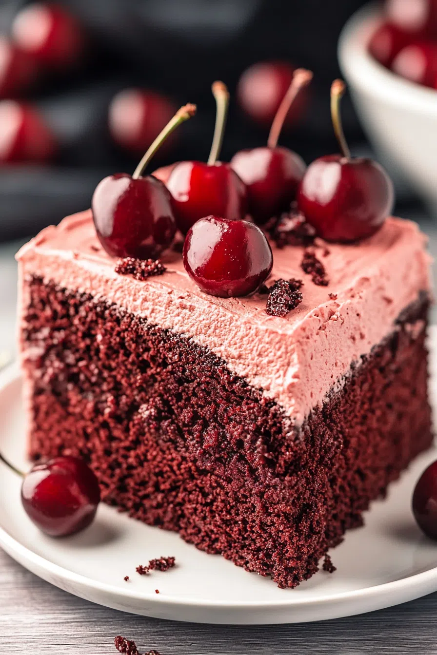 Close-up of a rich, chocolatey cake with a layer of fruit glaze.