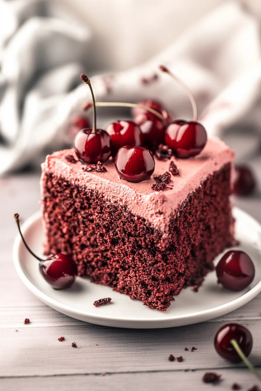 Moist chocolate cake slice topped with glossy cherry glaze.