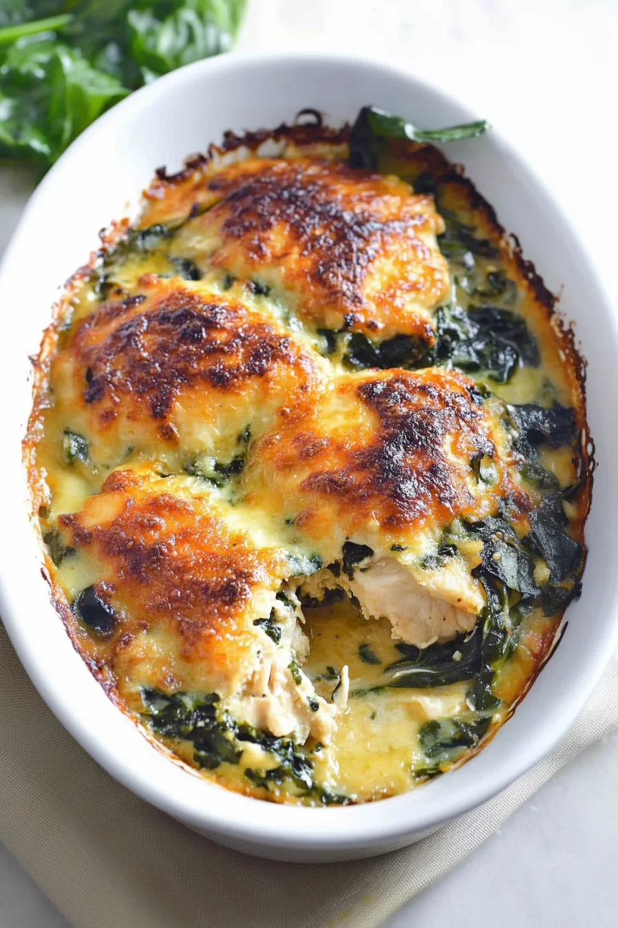 Baked creamy dish topped with melted cheese and bits of green vegetables