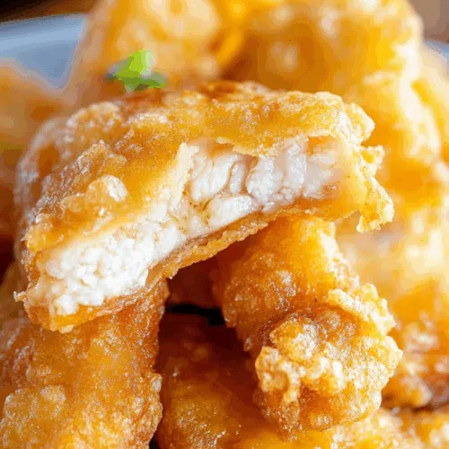 Close-up of crunchy battered pieces arranged on a plate with garnish