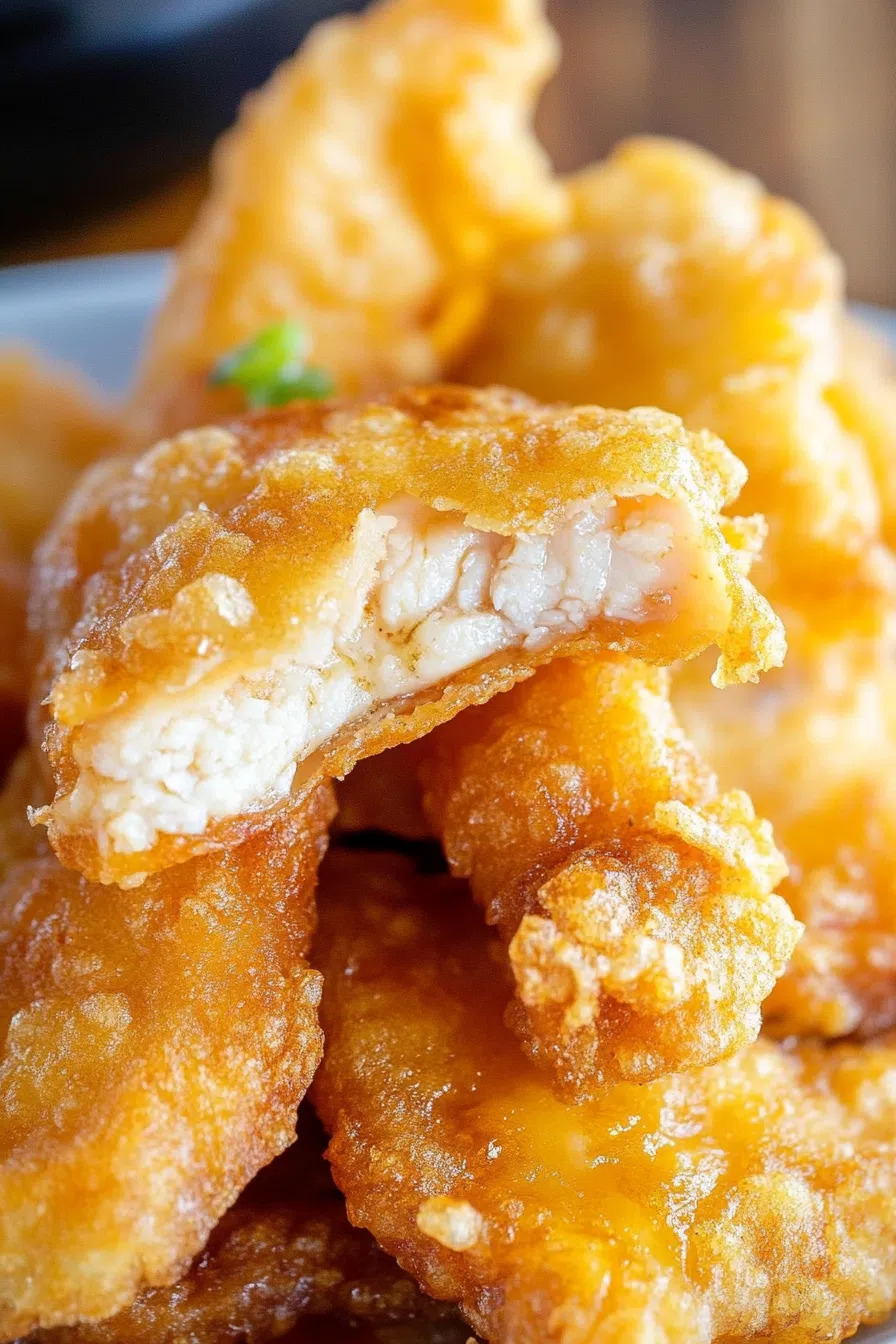 Close-up of crunchy battered pieces arranged on a plate with garnish