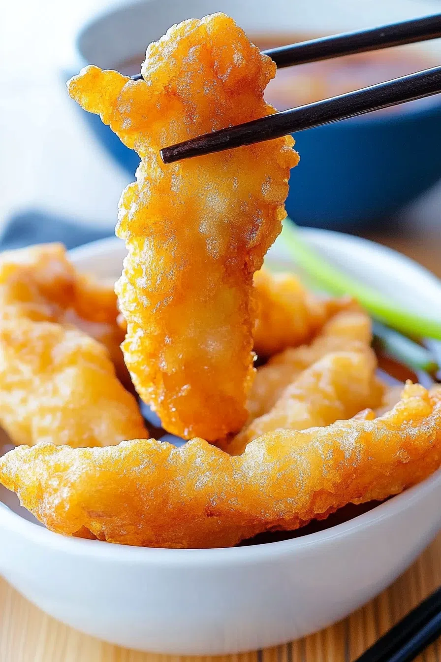 Overhead view of golden bites paired with a soy-based sauce and chopsticks