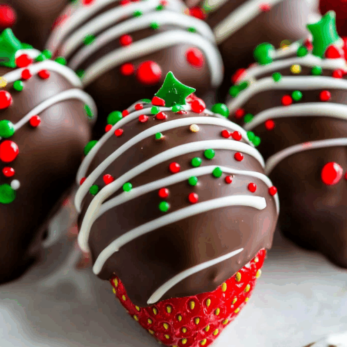 Close-up of fruit treats with a smooth chocolate coating and decorative drizzle