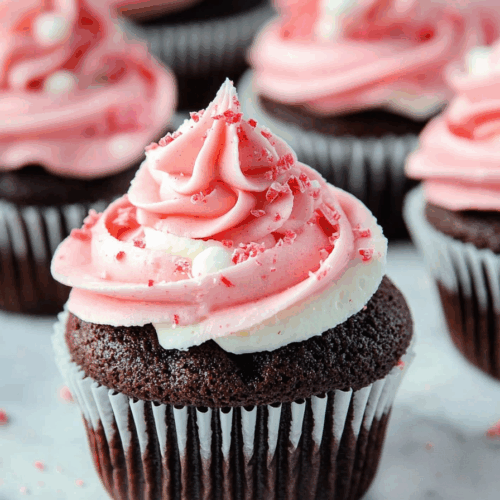 A festive dessert display with chocolate cupcakes and holiday sprinkles.
