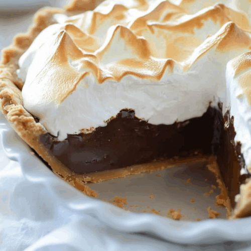 Close-up of a pie slice showing a dark filling and toasted meringue topping