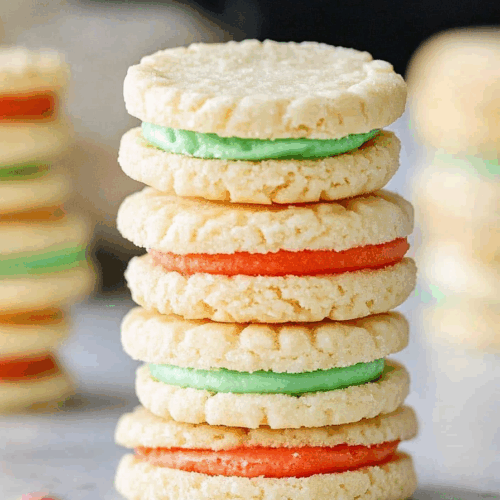Close-up of bite-sized sandwich cookies filled with pink and white frosting.