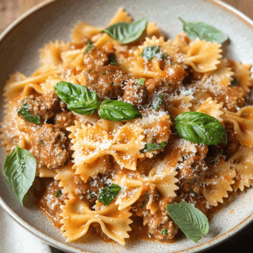 A close-up of creamy noodles mixed with savory sausage and fresh herbs.