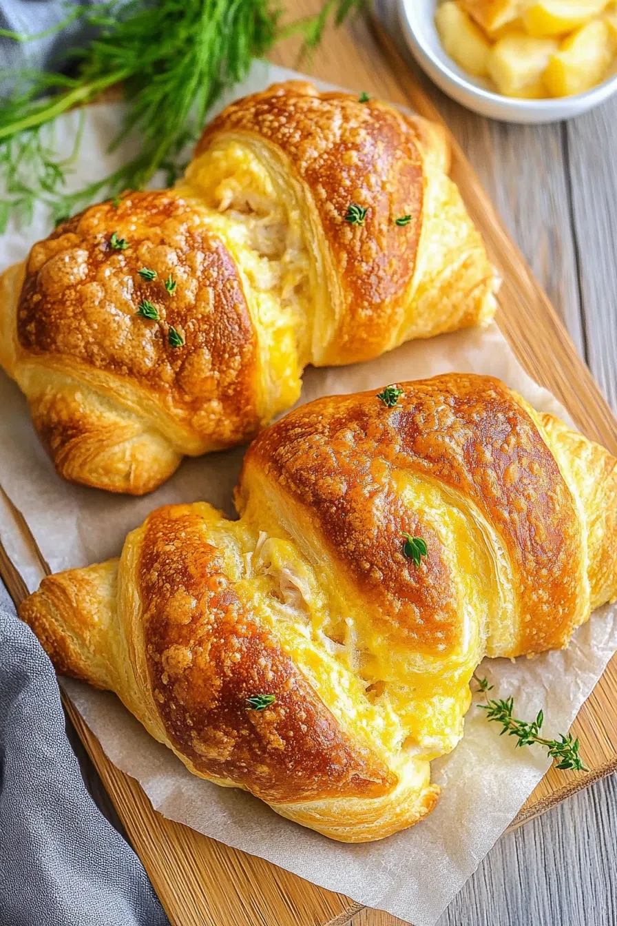 Overhead view of buttery pastry spirals with a rich, cheesy filling