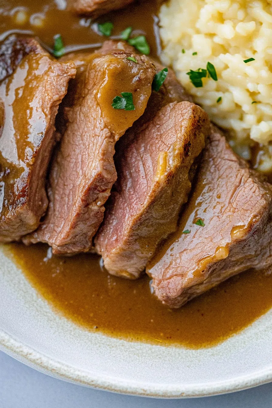 Bowl filled with rich brown sauce and melt-in-your-mouth meat portions.
