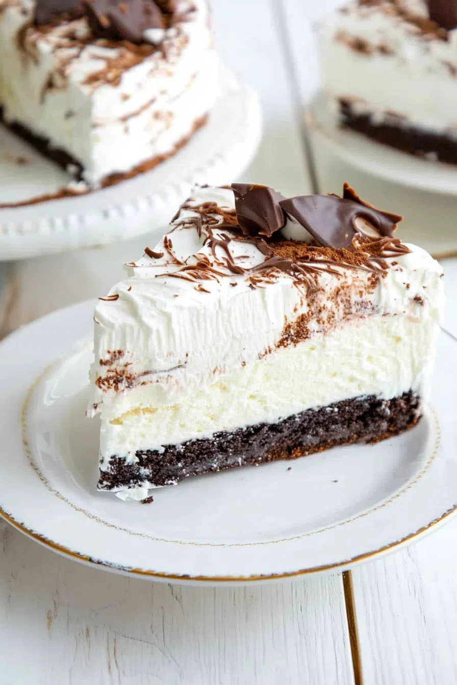 Frozen treat sliced and served on a plate, revealing creamy interior layers