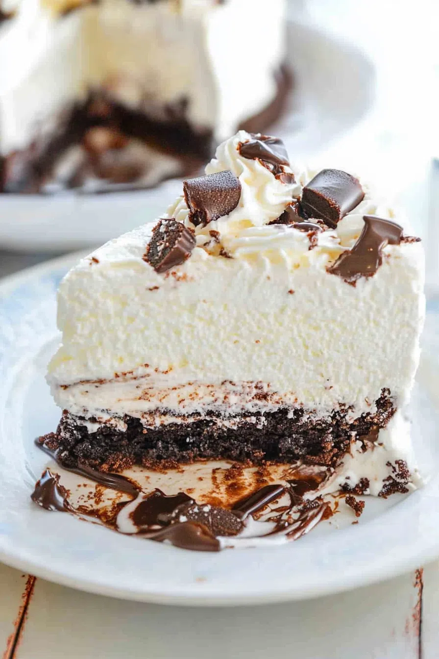 Close-up of a slice showing chocolate, vanilla, and cookie crunch layers