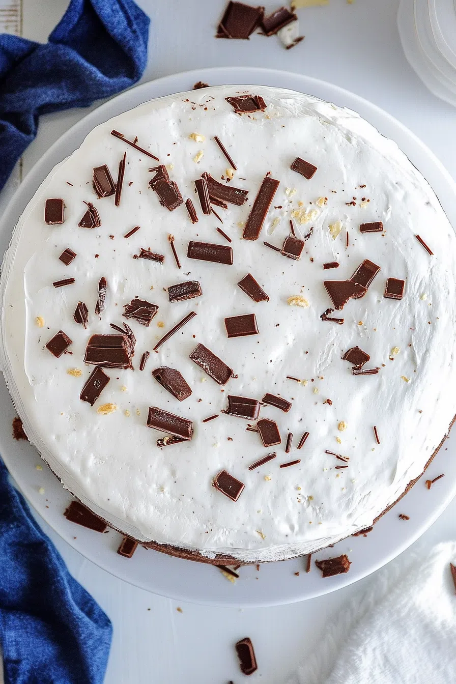 Overhead view of a festive frozen cake with piped frosting around the edges