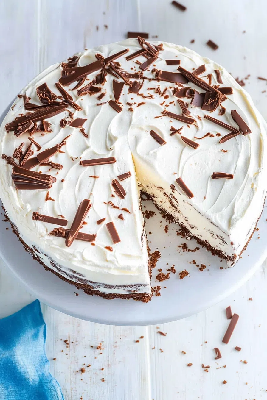 Layered frozen dessert topped with whipped frosting and colorful sprinkles