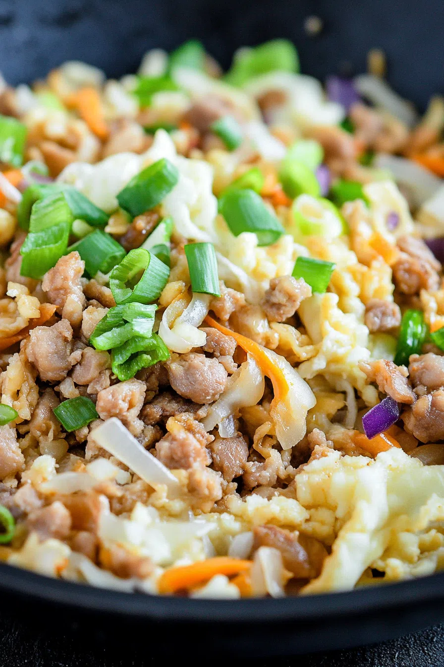 Close-up shot of a hearty skillet meal with crisp vegetables and browned meat.