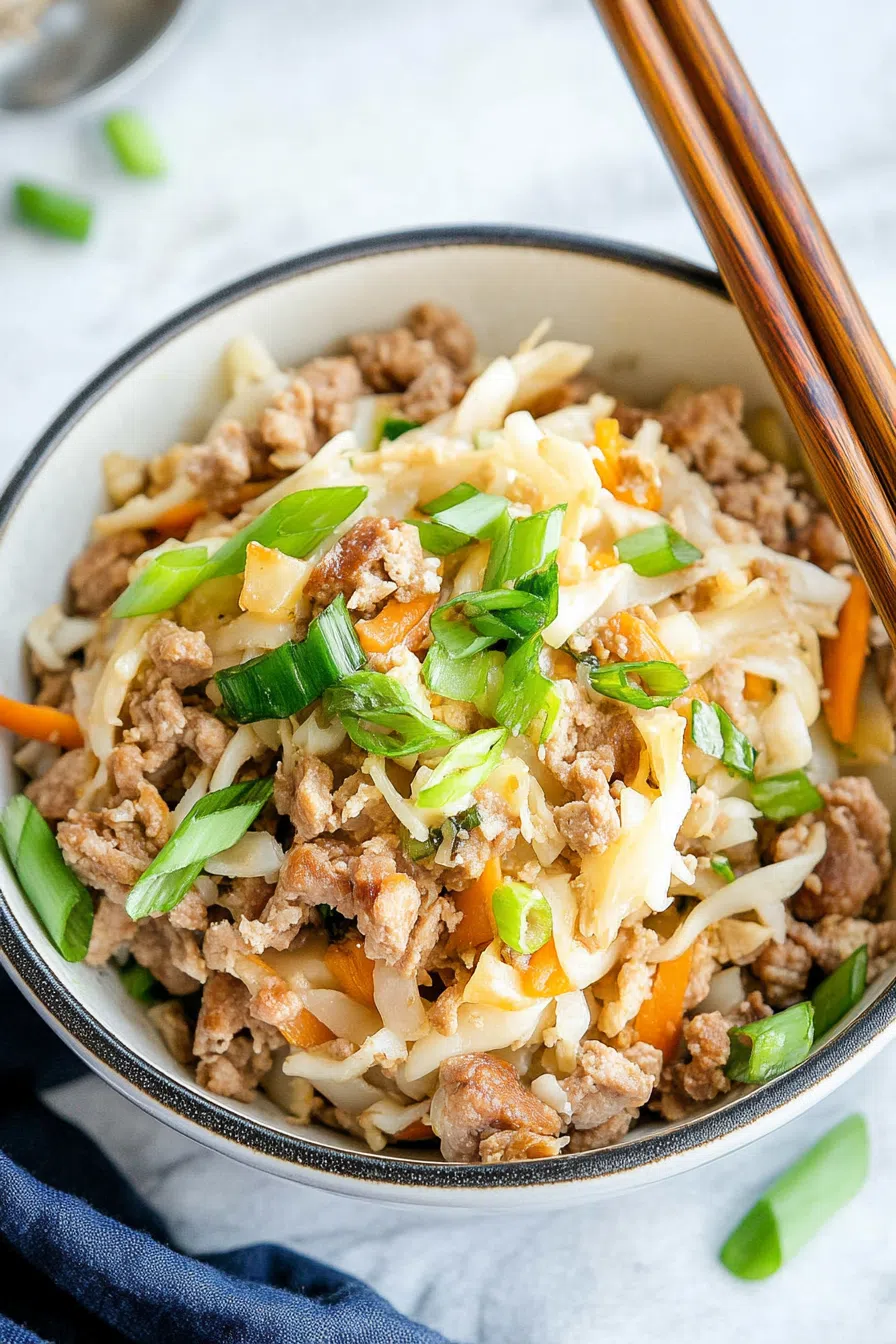 A savory stir-fry of ground meat and shredded vegetables served in a white bowl.