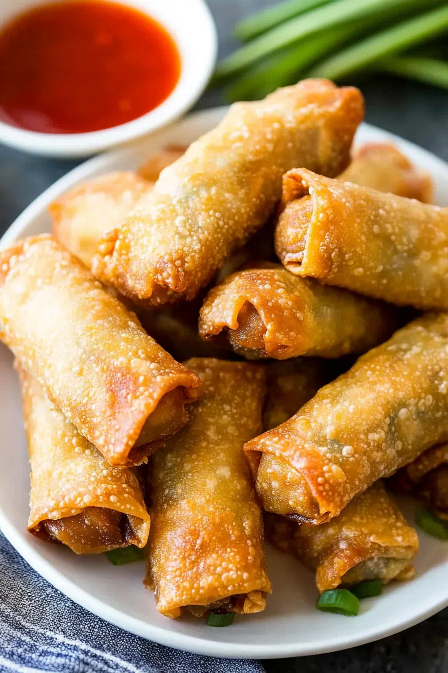Close-up of the crispy, flaky texture of the fried rolls.