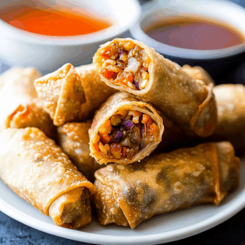 Golden-fried rolls arranged on a white serving plate.