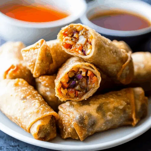 Golden-fried rolls arranged on a white serving plate.