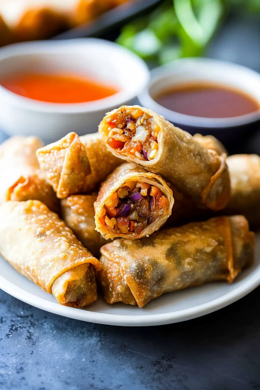 Golden-fried rolls arranged on a white serving plate.