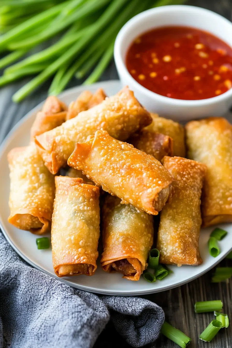 Stack of crunchy rolls with dipping sauce on the side.