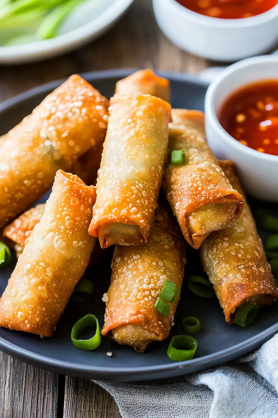 Egg rolls recipe plated with a colorful garnish.