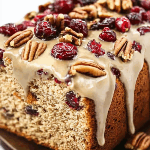Overhead view of a rustic cake topped with a glossy icing drizzle