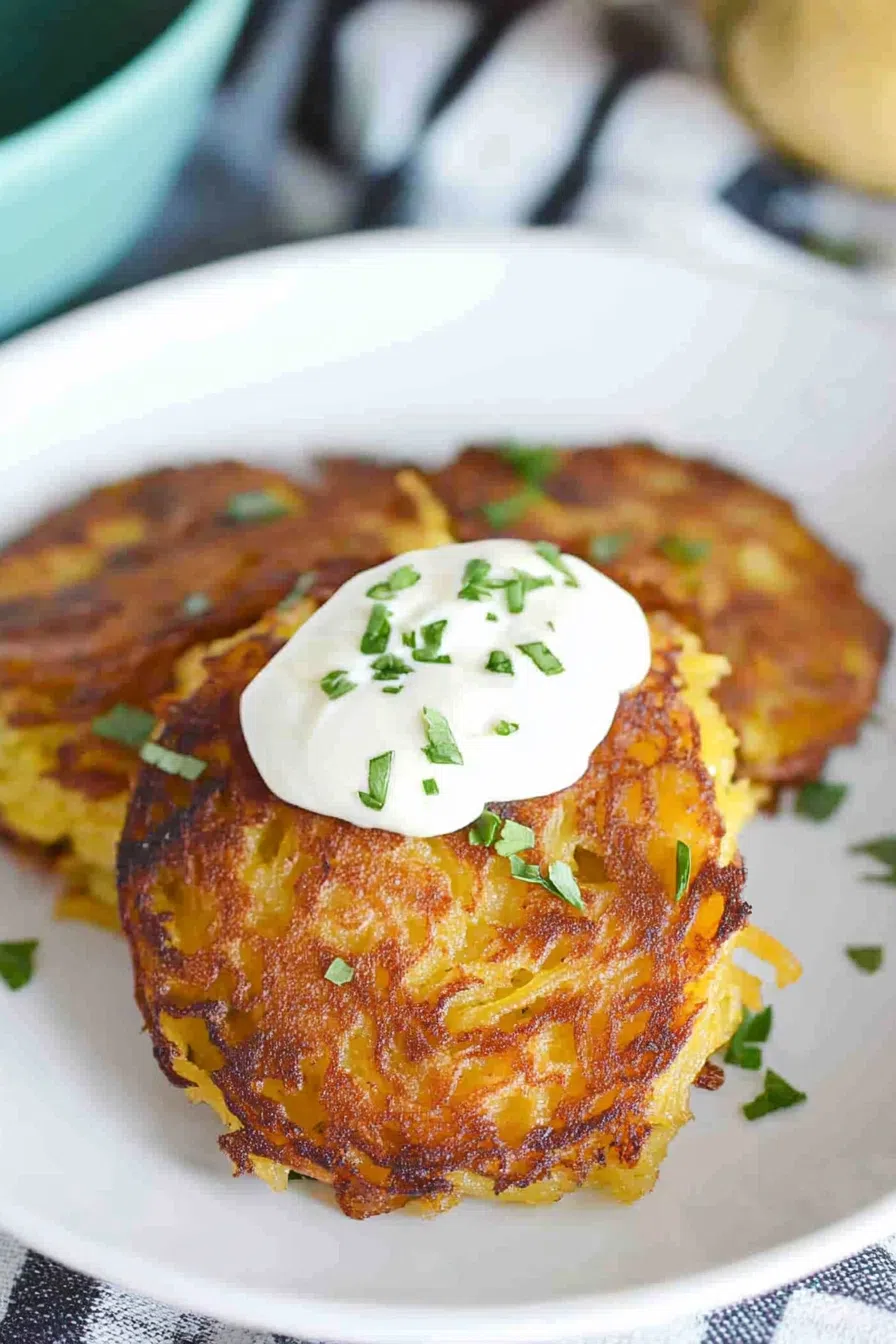 Stack of pan-fried patties garnished with fresh herbs on a rustic plate.