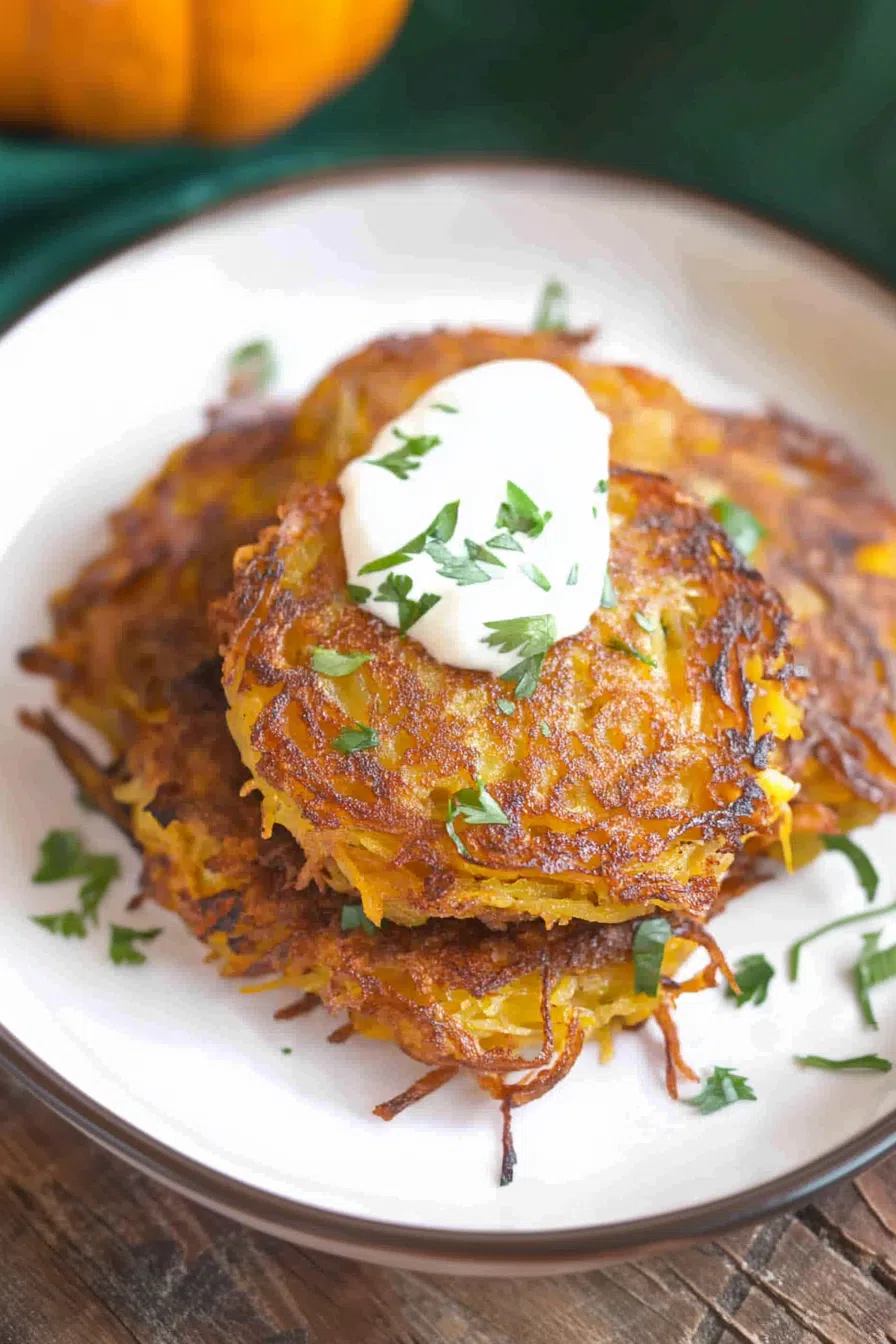 Overhead shot of fritters served with a dollop of sour cream