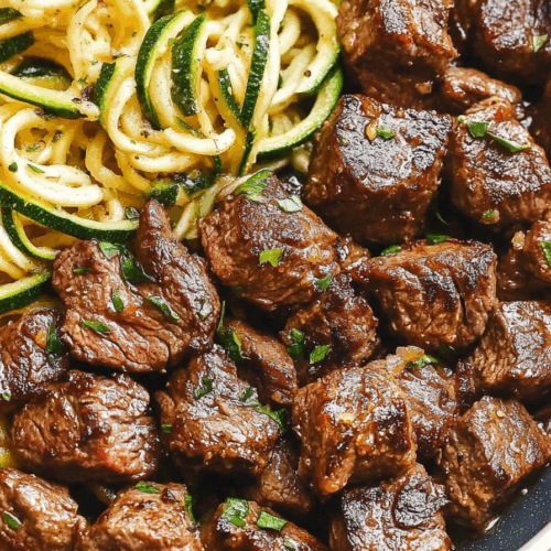 Overhead view of a hearty meal with seared meat strips and bright green spirals
