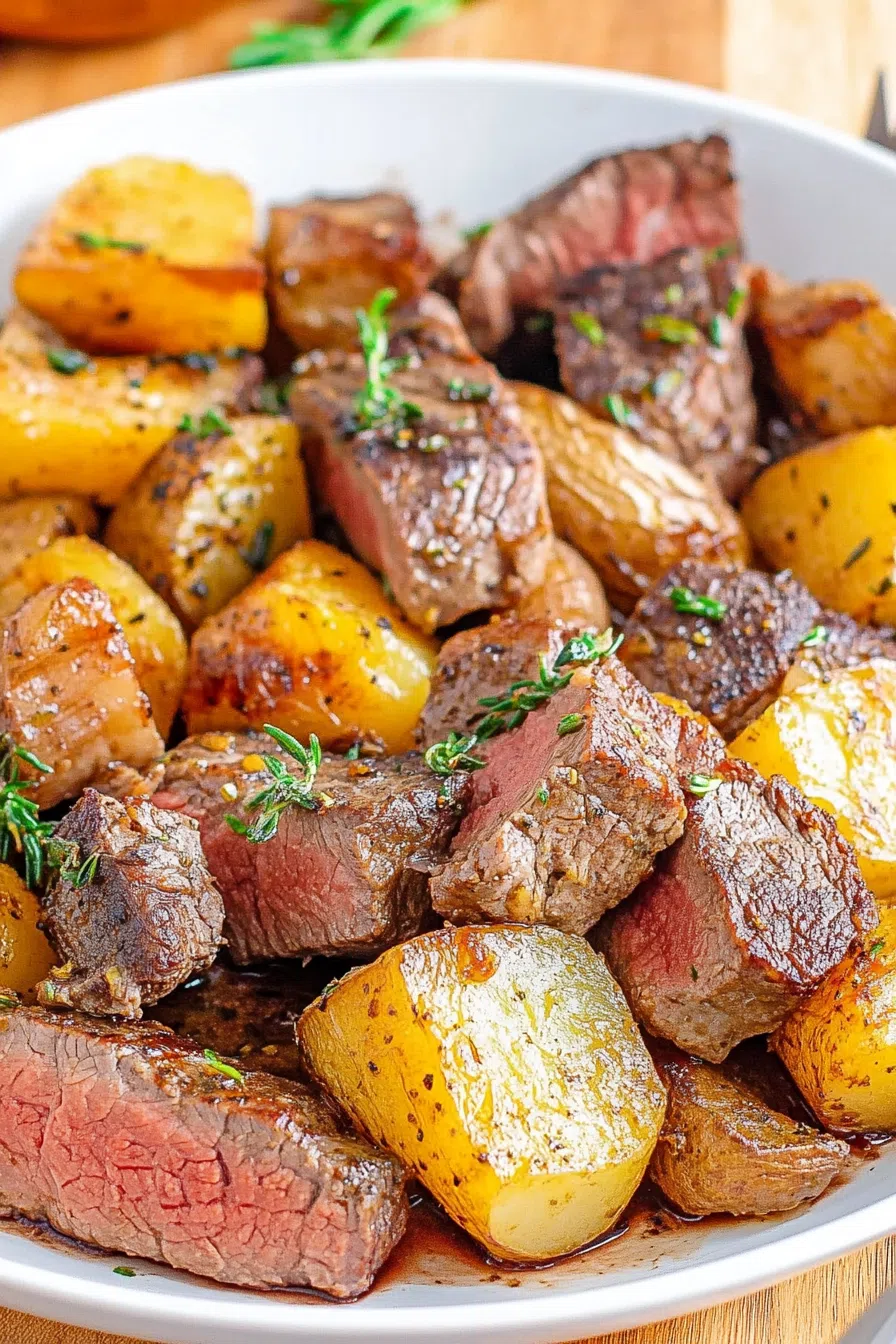 Hearty one-pan dinner with tender meat and seasoned vegetables ready to serve